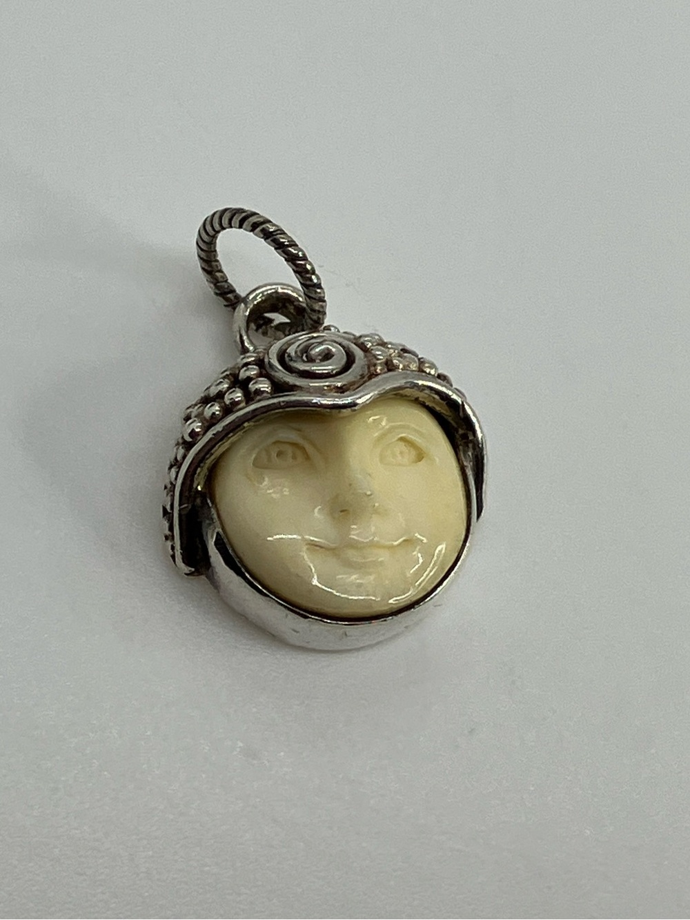 Vtg 925 Sajen Carved Bone Goddess Moon Face Sterling Silver Mini Pendant